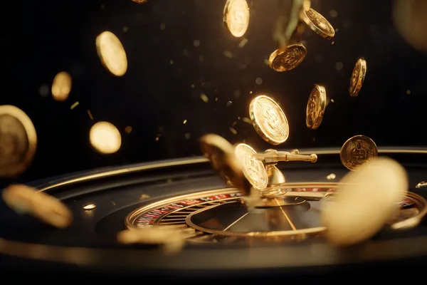 A close-up shot of golden coins falling around a spinning roulette wheel, representing immersive casino action at K55GAME.