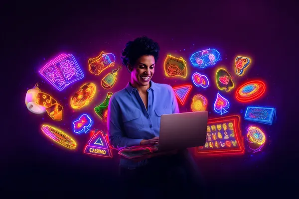 A woman smiling while playing online games on her laptop, surrounded by neon casino elements, showcasing K55GAME’s diverse game collection.