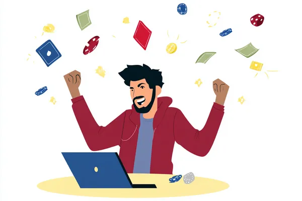 A man celebrating a winning moment on his laptop while gaming symbols float around him, capturing the excitement of K55GAME games.